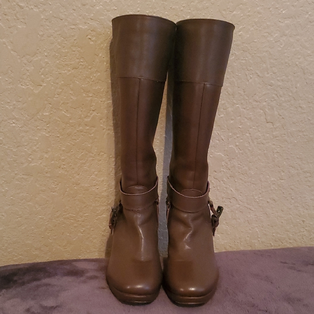 Brown Leather Heeled Boots with Ankle Strap